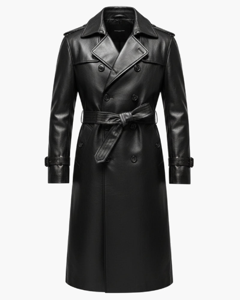 leather dress coat mens Men's Leather Long Jacket Trench Coat Overcoat Slim Fit Lapel Lining Fashion