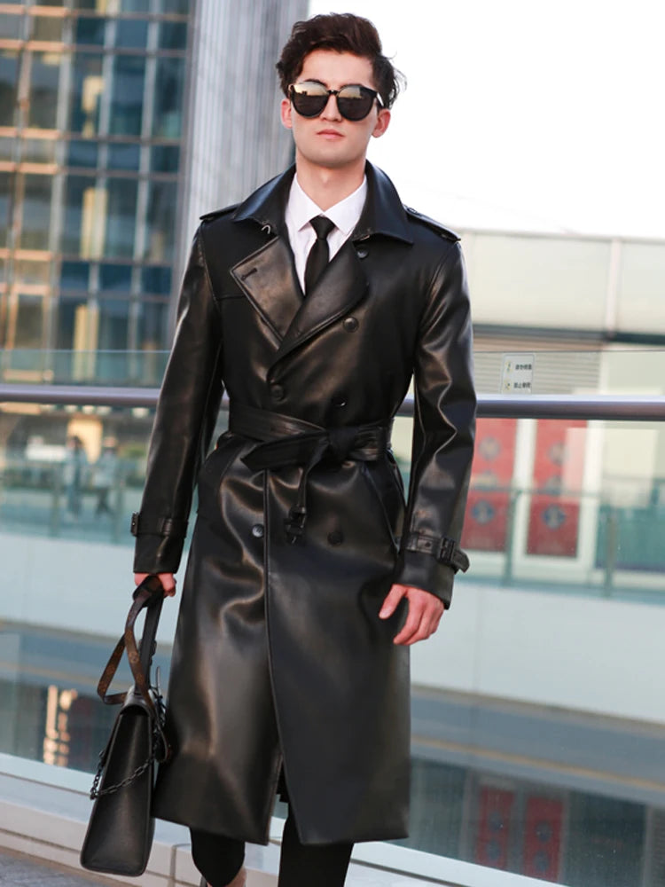 Leather Trench Long Coat Homme Men's Leather Trench Coat – Style