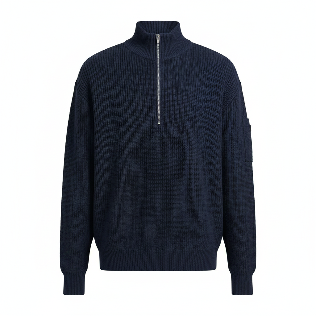Pull col zippé homme bleu marine